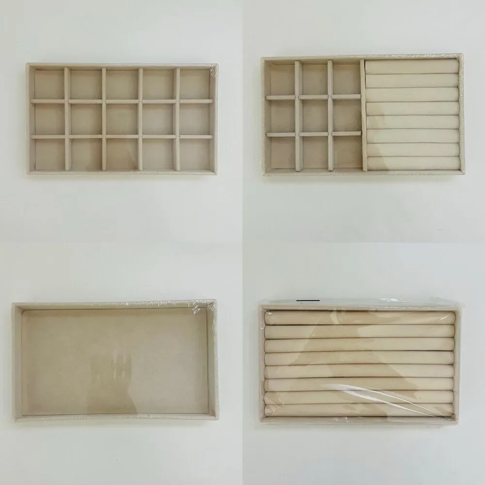 Beige Velvet Jewelry Box Display Tray Drawer Storage Holder, Set of 4